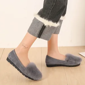 Dark grey loafers with rabbit fur lining and suede finish for women in autumn and winter