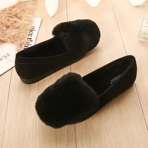 Casual black loafers with faux rabbit fur trim and plush lining for winter warmth