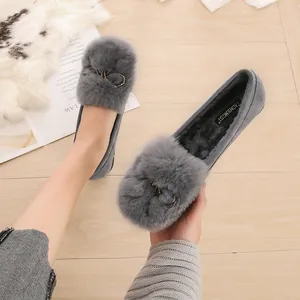Women's Faux Rabbit Fur Loafers Warm Plush Lined Flats With Rhinestone Metal Bow Moccasins Casual Winter Indoor Outdoor Shoes