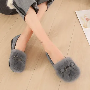 Women's grey faux fur flat shoes with decorative rhinestone buckle for winter warmth
