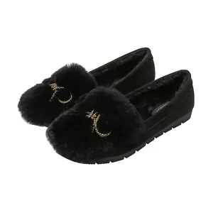 Women's black faux fur trim loafer with suede finish and sparkling crystal buckle