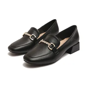 Women's black square toe loafers with diamond chain and chunky heel for business wear