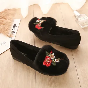 Mocassins à Fourrure de Lapin pour Femmes avec Broderie Florale Chaussures en Coton Chaudes Antidérapantes Plates Décontractées