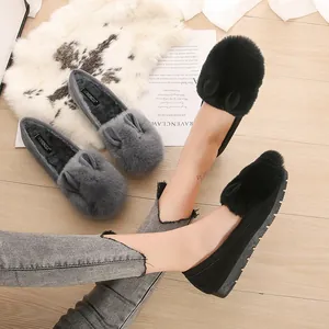 Mocasines de invierno para mujer con piel de conejo y lindas orejas de conejo