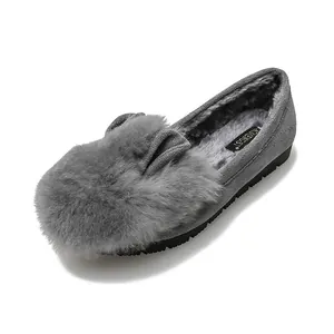 Mocasines grises de piel de conejo con suela gruesa antideslizante y forro cálido invierno