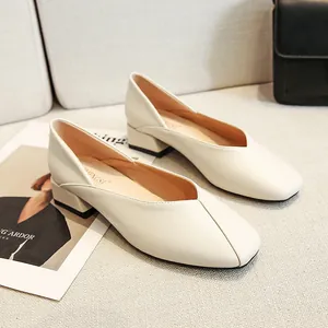 Women Square Toe Loafers British Style Microfiber Leather V Cut Thick Middle Heel Slip On Work Office Commute Single Shoes