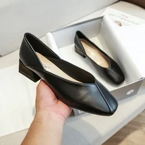 Classic black square toe loafers for women with a low block heel and matte leather finish