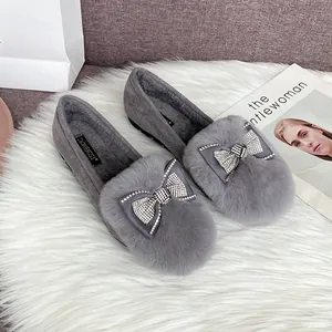Mocassini da Donna in Ecopelliccia con Fiocco di Strass Calda Fodera in Peluche Scarpe Basse Invernali Casual Comode Slip-On