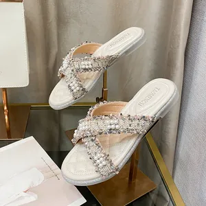 Sandali Bassi da Donna Eleganti con Perle e Tweed Cinturini Incrociati Ciabatte Estive Casual all'Aperto Comode Taglie Forti 43