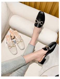 Detail of square toe mule heels with rhinestone chain buckle in black and beige