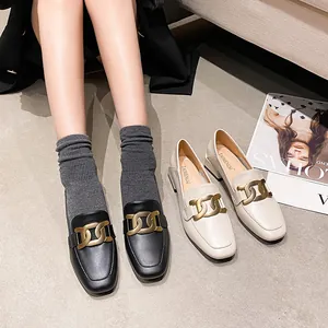British style square toe loafers for women with vintage metal buckle and chunky low heel