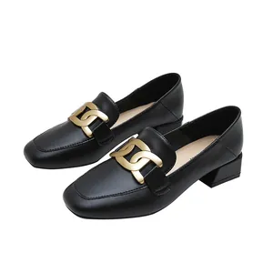 Classic black leather loafers for women with square toe and gold metal chain link accent