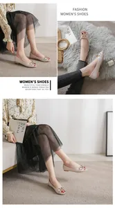 Detail of beige open-toe flat shoes with gold chain accent and leather texture