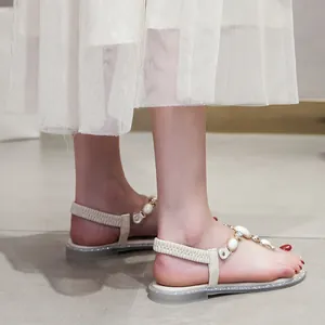 Damen-Sandalen in Creme mit Perlenverzierung und elastischem Fersenriemen
