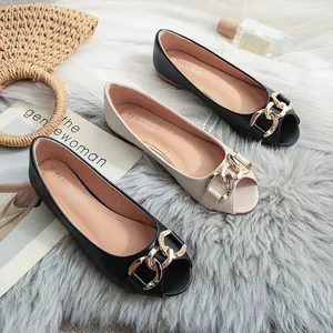 Women's open-toe flat loafers with gold chain buckle in black and beige colors