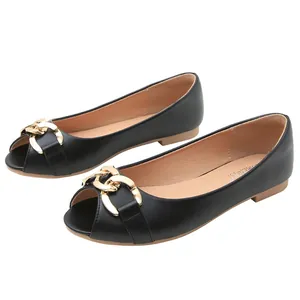 Classic black peep-toe flats with a stylish gold chain buckle and smooth finish
