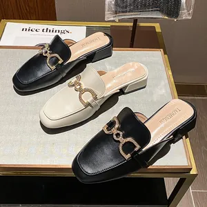 Women's Square Toe Mule Loafers Rhinestone Horsebit Buckle Chunky Low Heel Slip-on Mules Casual Dress Shoes