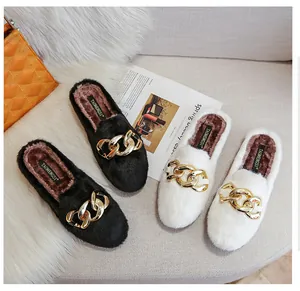Detailed top view of plush faux mink fur slippers with large gold chain buckle accents