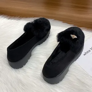 Women's Fur Lined Loafers Thick Sole Warm Winter Shoes Faux Fur Suede Slip On Flats With Rhinestone Animal Decor Anti Slip Casual Shoes