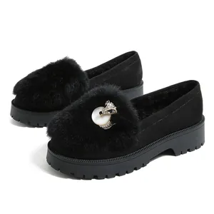 Women's black platform faux fur slip-on shoes with fox buckle and thick anti-slip soles