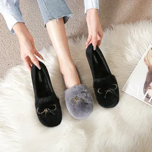 Women's Rabbit Fur Loafers Winter Warm Plush Moccasins With Decorative Bowknot Rhinestone Metal Buckle Flat Casual Shoes