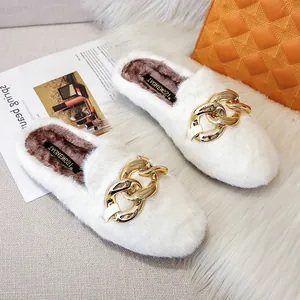 Women Faux Fur Mules With Large Gold Chain Metal Buckle Flat Round Toe Warm Slip On Winter Loafers Casual House Shoes