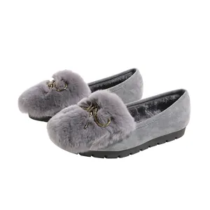 Grey plush faux suede loafers for women with faux fur trim and bronze metal buckle