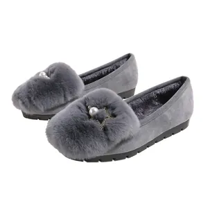 Grijze konijnenbont winterloafers voor dames met parelster en antislip rubberen zool