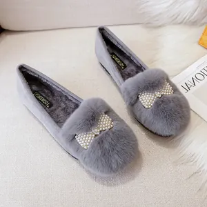 Mocassins Femme en Fausse Fourrure de Lapin Nœud en Künstliche Perles Strass Chaud Peluche Chaussures Plates Hiver Confort Coton