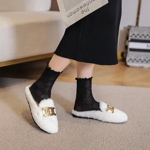 White faux fur flat mules with golden metal chain buckle for women warm winter shoes