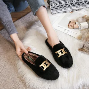 Women's black faux fur flat loafers with gold chain buckle for winter indoor outdoor wear