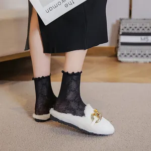 White faux fur flat mules with chunky gold chain buckle worn with lace socks