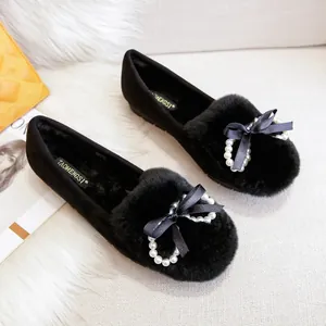 Mocassini Piatti da Donna in Pelliccia di Coniglio Con Fiocco in Raso e Künstliche Perle Scarpe Invernali in Camoscio Calde