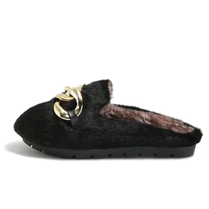 Black plush faux fur mules featuring a large gold buckle and non-slip rubber sole