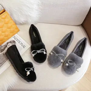 Winter faux fur lined loafers for women with rhinestone bow and pearl decorative accents