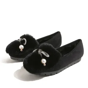 Winter thermal flat loafers with black faux fur, rhinestone bow and pearl charm