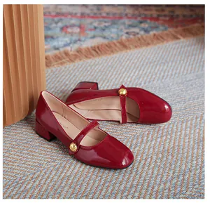 French vintage style red patent leather Mary Jane shoes with square toe and block heels
