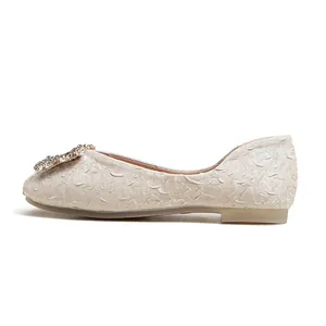 Ballerine da donna champagne con fiocco di strass e trama pieghettata suola morbida
