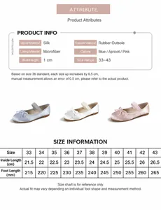 Size chart for women's satin Mary Jane flats featuring bow details and size conversions