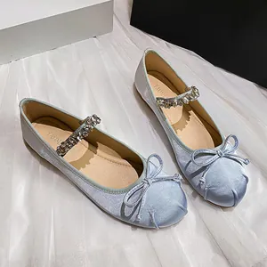 Orecchini a Bottone in Satin con Strass Mary Jane Ballerine Fiocco Punta Arrotondata Comode Scarpe Basse Eleganti da Cerimonia