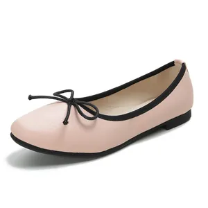 Pink ballet flats with black bow and contrast piping, soft square toe leather shoes