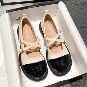 Chaussures Mary Jane Rétro pour Femmes Patchwork Double Bride Croisée Talon Bloc Bout Rond Ballerines Élégantes