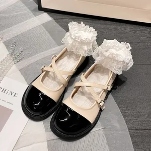 Vintage Mary Jane Schuhe Damen Lackleder Patchwork Kreuzriemen Plateau Blockabsatz Preppy Stil Lässige Schuhe