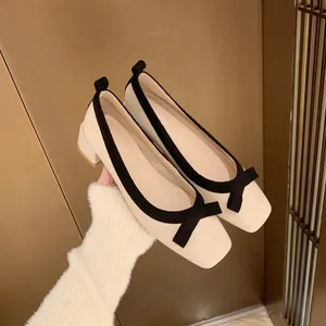 Damen Französisch Stil Schleife Pumps Mit Mittlerem Absatz Quadratische Zehe Blockabsatz Kontrastfarbe Elegante Büro Schuhe Bequeme Freizeit Schuhe