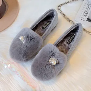 Women Winter Furry Loafers Rabbit Fur Flat Shoes Warm Plush Lined Moccasins With Pearl Rhinestone Flower Decor