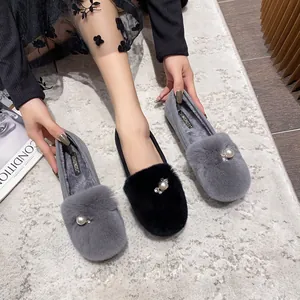 Cozy faux fur flats for women with elegant pearl and rhinestone buckle accents