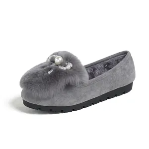 Gray suede loafers for women with faux fur trim, faux pearls and rhinestone buckles