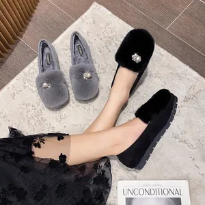 Plush faux fur loafers with pearl rhinestone buckles in black and grey colors