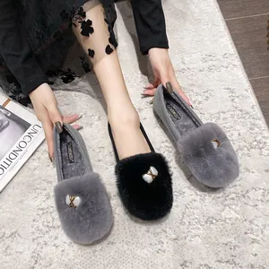 Women's warm plush loafers with thick soles and pearl buckle in black and grey