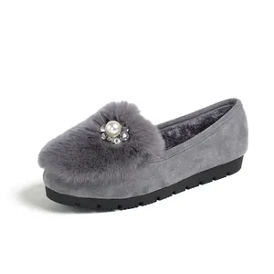 Women's warm grey faux suede loafers with faux fur pom pom and pearl embellishments